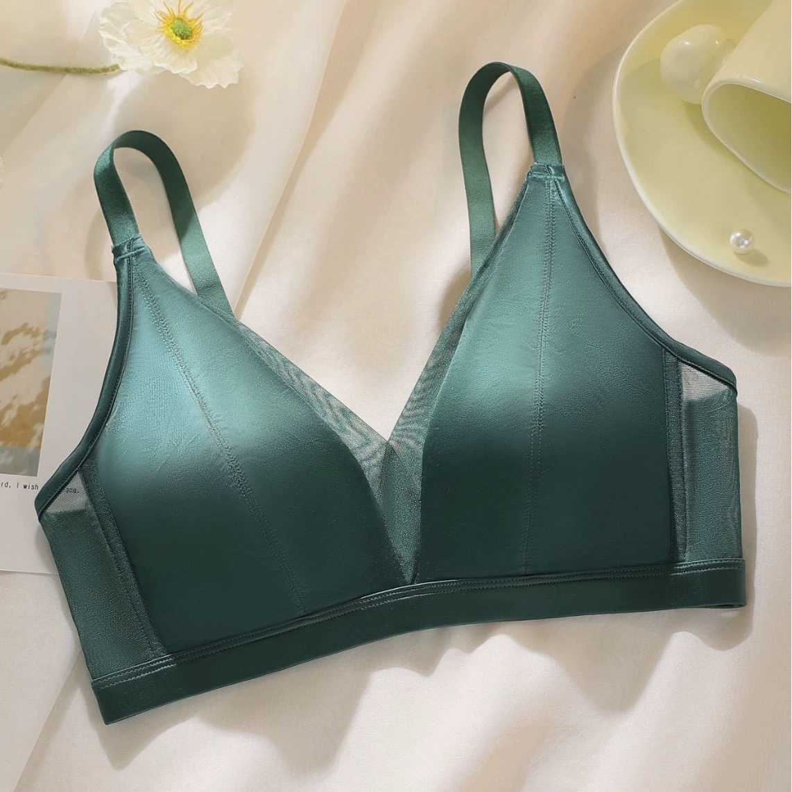 Silk bra top, French style, comfortable soft cups, sizes M–2XL