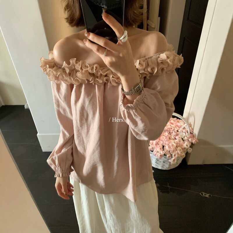 Hers Sweet Autumn Women's Korean Style Sweet and Loose Slimming Long-Sleeve Top with Ruffled Hem and One-Shoulder Design 66812 Hers Sweet Autumn Women's Korean Style Sweet and Loose Slimming Long-Sleeve Top with Ruffled Hem and One-Shoulder Design 66812