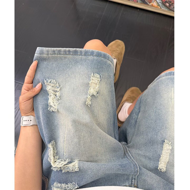 Blue Washed Ripped Denim Shorts for Men, Summer American Retro Casual Five-Point Pants, Cleanfit Wide-Leg Pants