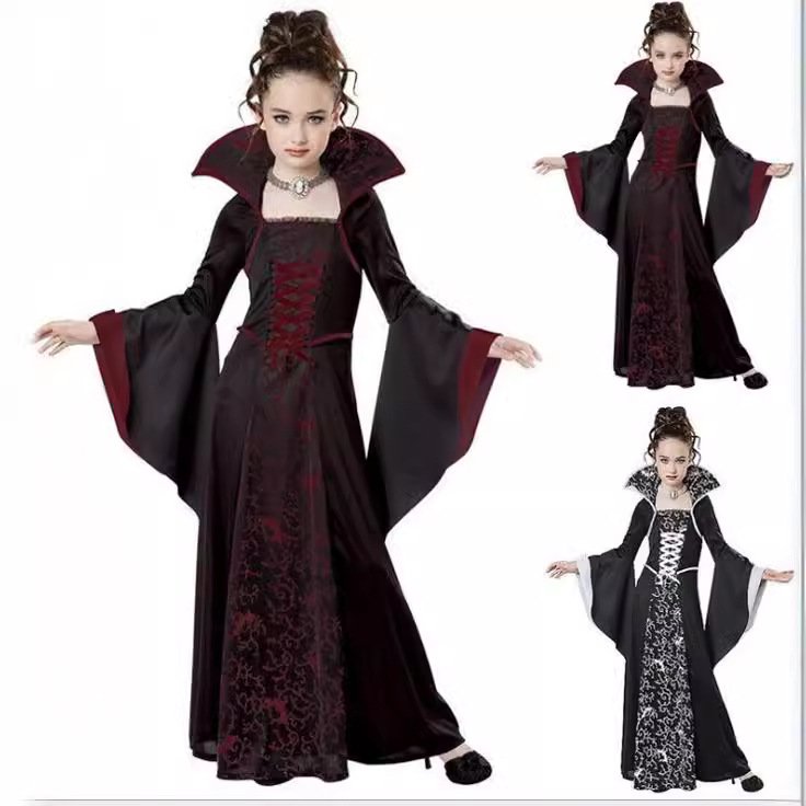 Nuevo europeo y americano medieval retro encaje-up soporte collar campana manga impresa vestido de los niños vestido traje una generación