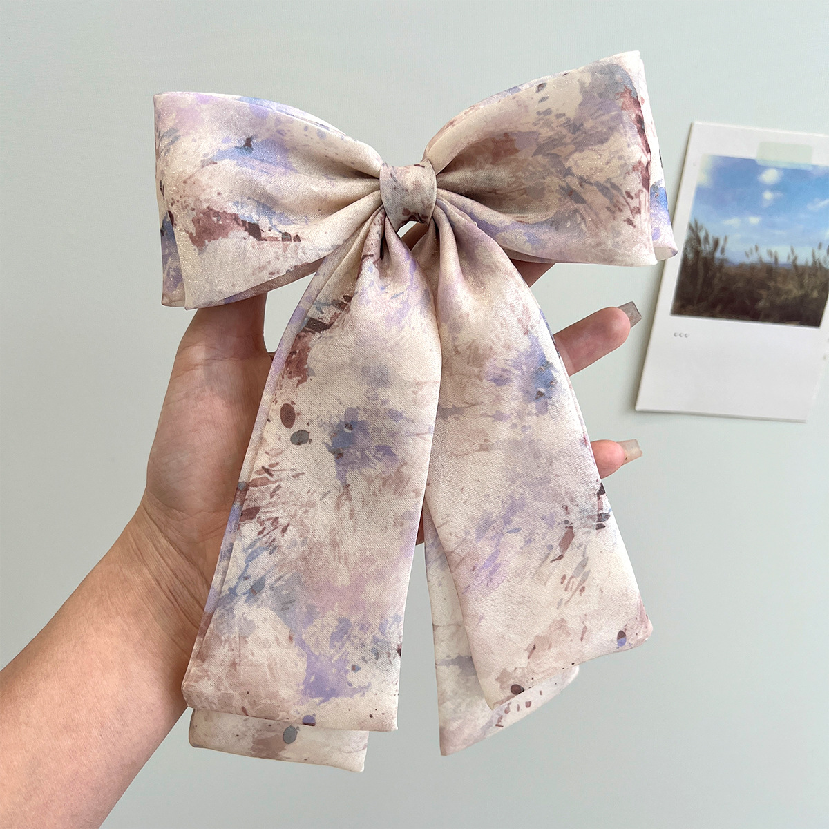 小眾設計蝴蝶結水墨印花彈簧夾女高級感氣質低馬尾夾後腦勺夾髮夾