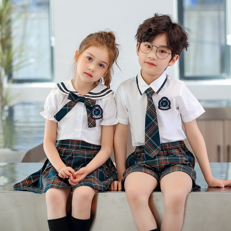 Green plaid England style performance school uniforms for kids boys