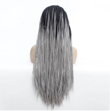Fabricantes europeos y estadounidenses de moda negro gradiente gris medio tres hebras trenzadas sucias fibra química frente peluca de encaje LW0130