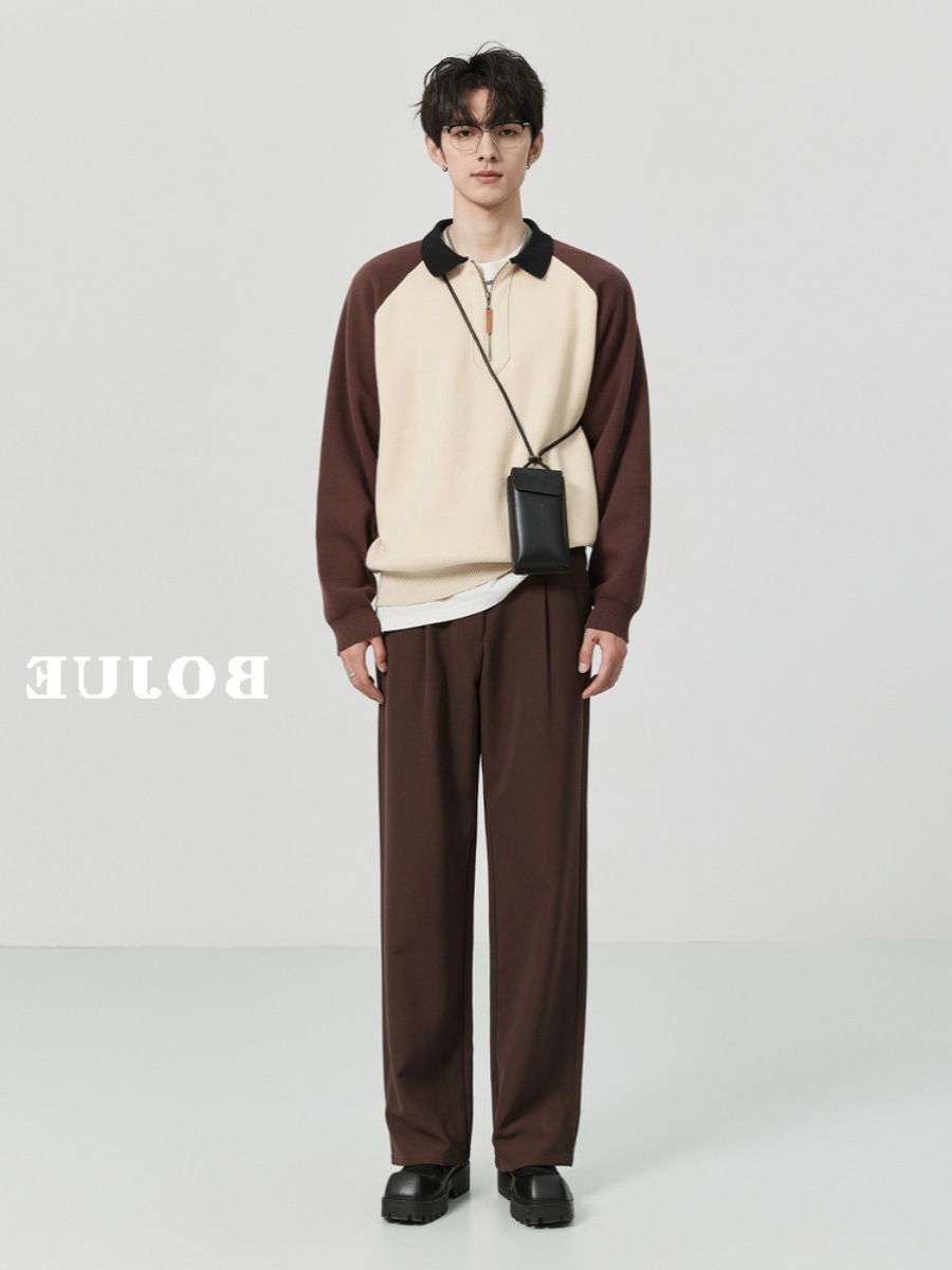 Otoño e invierno contraste color media cremallera Polo cuello suéter cálido manga larga superior suéter de los hombres de estilo coreano abrigo de los hombres