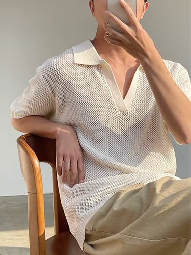 Cross-border French V-neck hollow polo shirt men's summer ins casual all-matching commuting lazy breathable short-sleeved sweater
