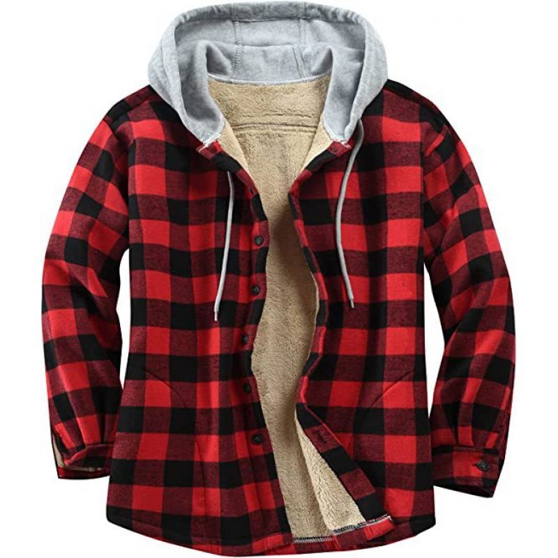 European and American Men's Autumn and Winter Fashion Flannel Plaid Contrast Hooded Fleece-Lined Loose Shirt Jacket