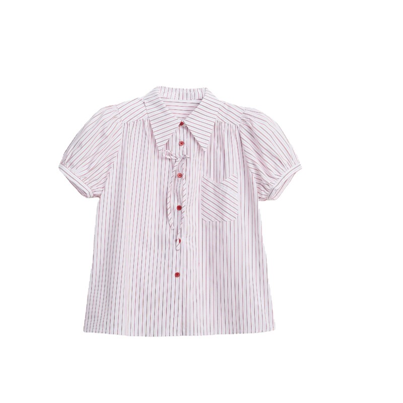 红色条纹短袖衬衫女夏季蝴蝶结宽松半袖泡泡袖衬衣半身裙两件套装|undefined