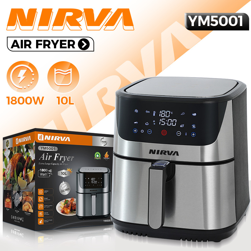 Nirva European Standard Stainless Steel Air Fryer Large Capacity Smart Home Digital Display Electric Fryer 10L No Oil Fume