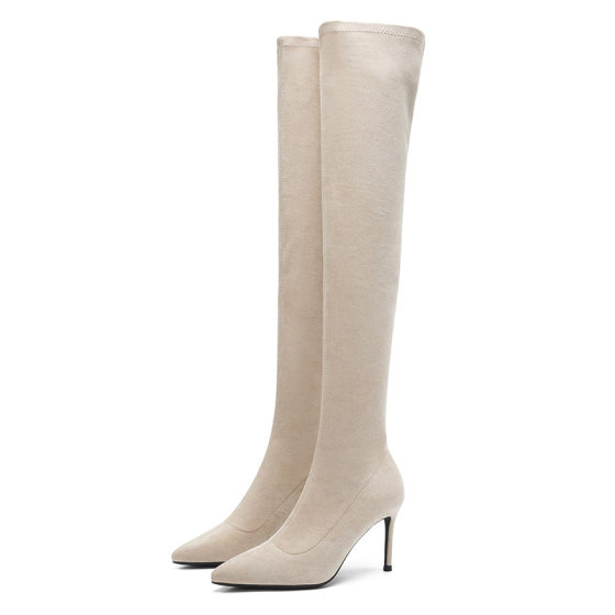 2024 autumn and winter new apricot knee-high boots thin heel temperament a pedal can not fall off the tube black boots pointed
