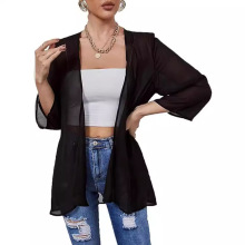 女士带袖子雪纺防晒服夏季薄款开衫欧美新款纯色宽松百搭