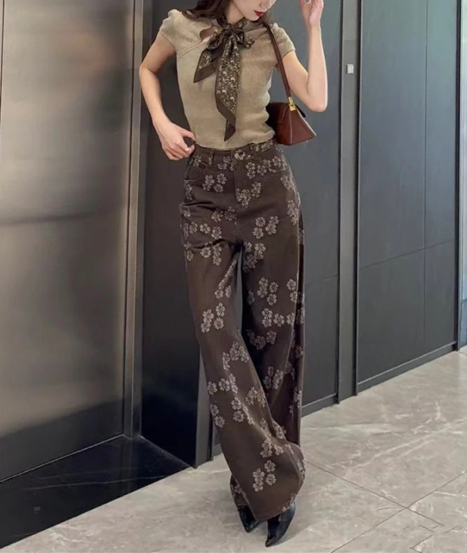 南油代发2025秋款时髦洋气深棕色立体绣花满天星牛仔阔腿裤配腰带|undefined