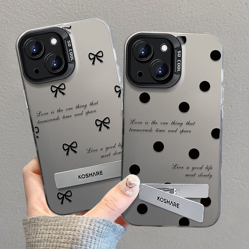 Suitable for Apple 15 Phone Case, iPhone 17 Black Bow Invisible Stand, 13 Pro Color Silver Matte, 12/16
