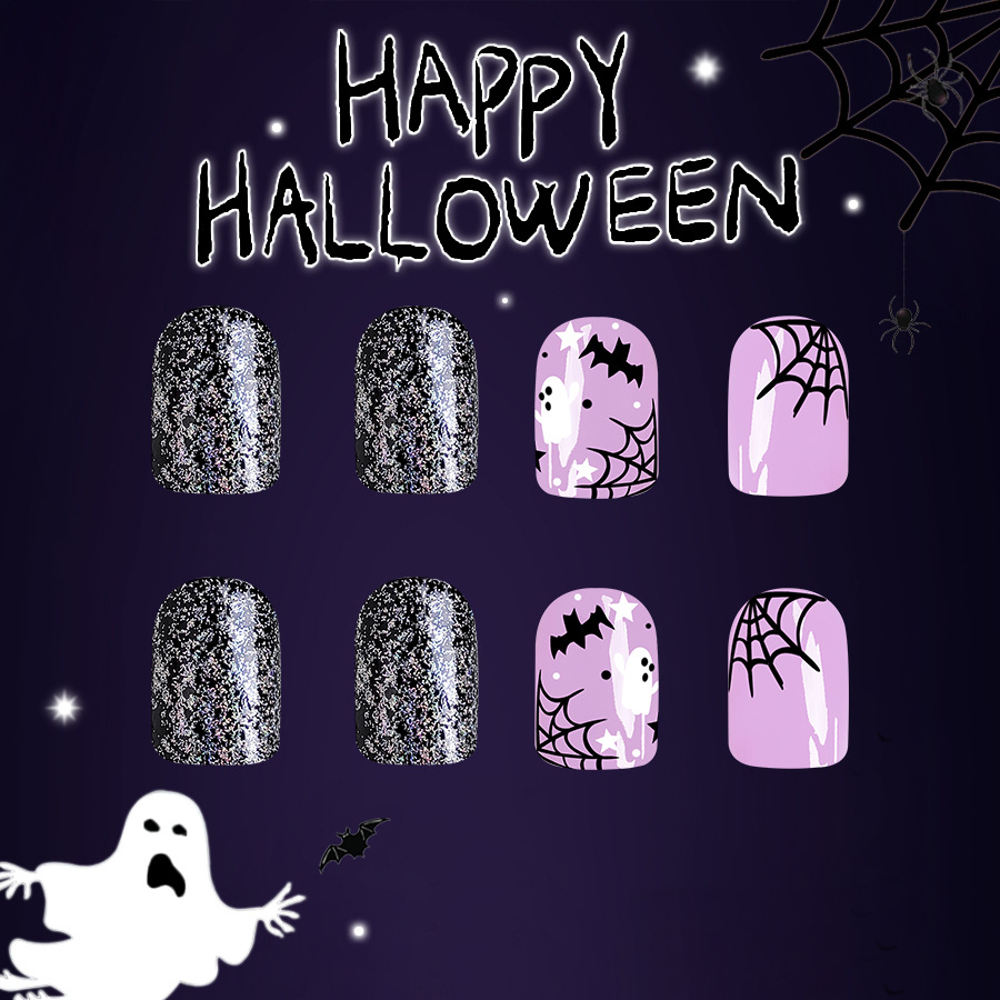 Short Glitter Halloween Glitter Nail Pieces Black Cobweb Bat Cute White Ghost Nail Patch 24 Pieces_voghion.com