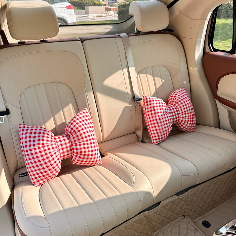 2026 New Car Accessories Cotton Butterfly-Shaped Small Checkered Red Headrest and Lumbar Support