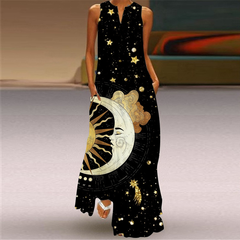 Independent Site Amazon's New European and American Retro Print V Neck Multi-Color Long Sexy Sleeveless Pocket Dress