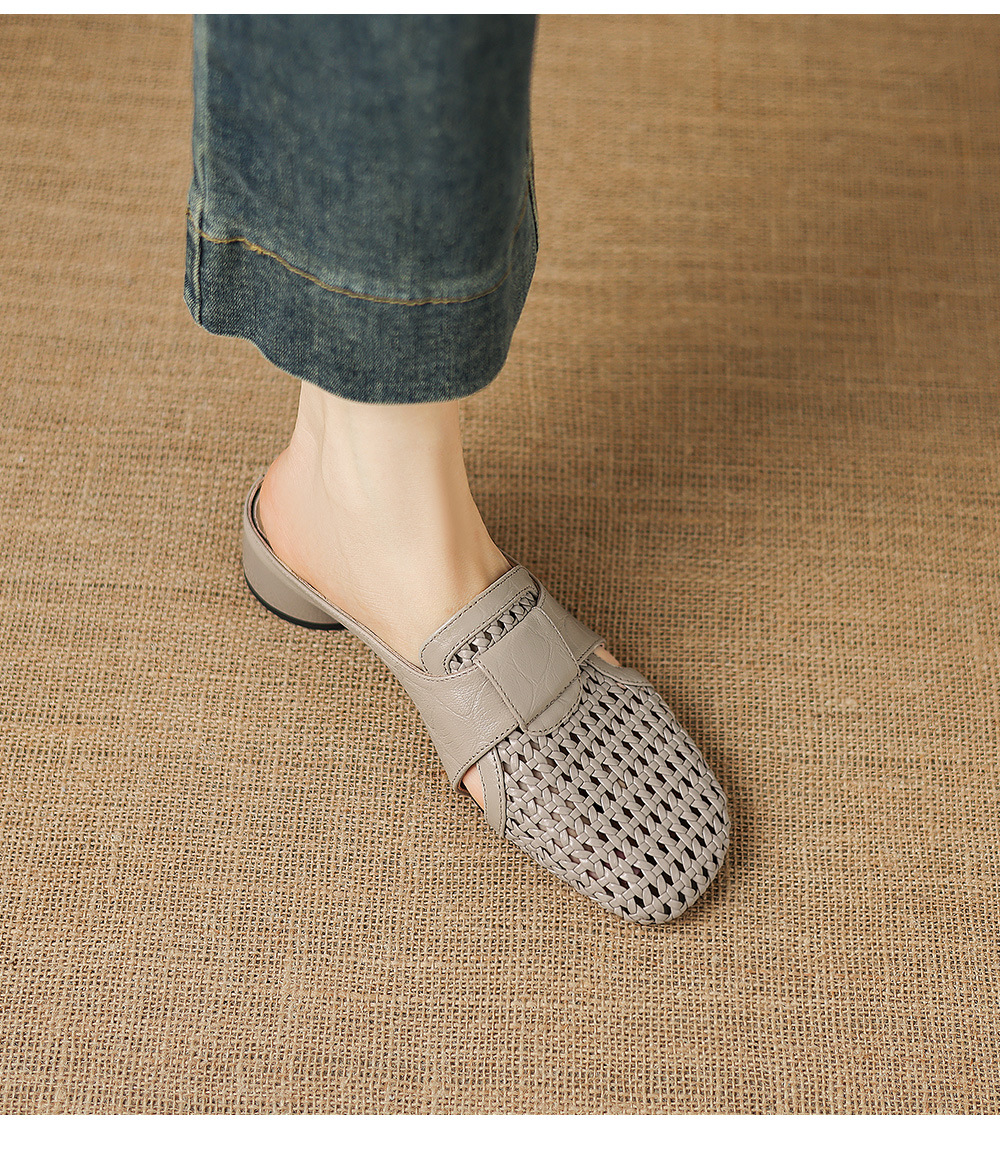 Sandal nữ quai chữ V mũi kín phong cách vintage gót thấp — đen chi tiết 11