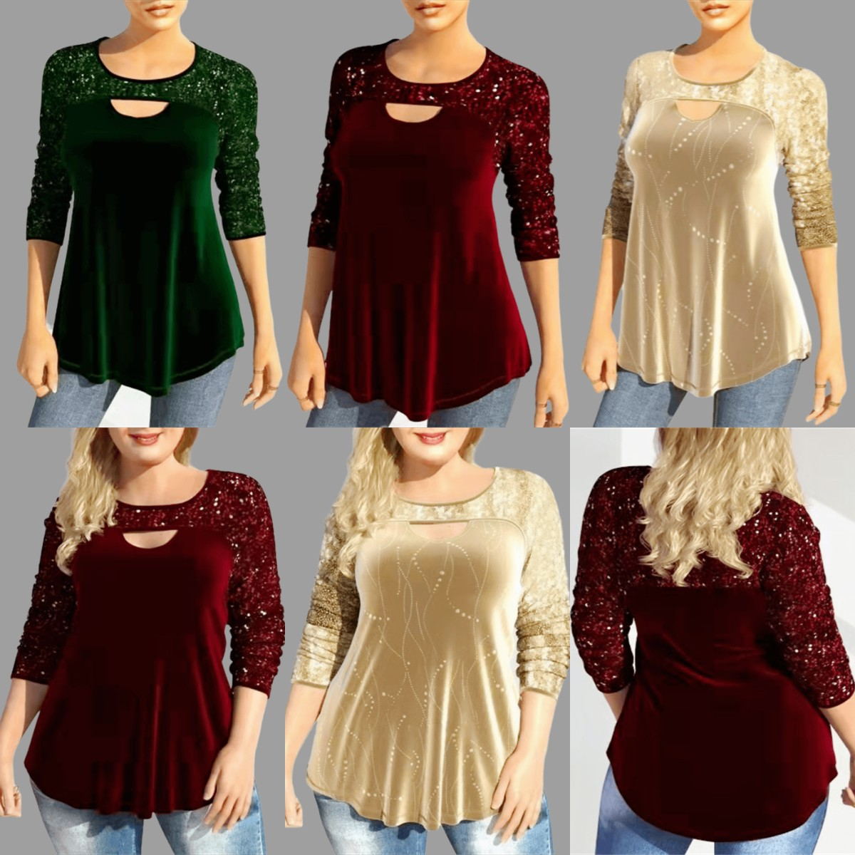 Europeo y americano Amazon digital cuello redondo hueco-fuera manga larga ocho tamaño camiseta adelgazamiento lentejuelas costura punto superior ropa de mujer