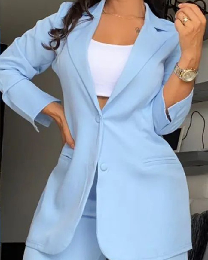 women's sets Women's and Elegant Solid Color Split Sleeve Lapel Suit Pocket Straight leg Trouser Set_voghion.com