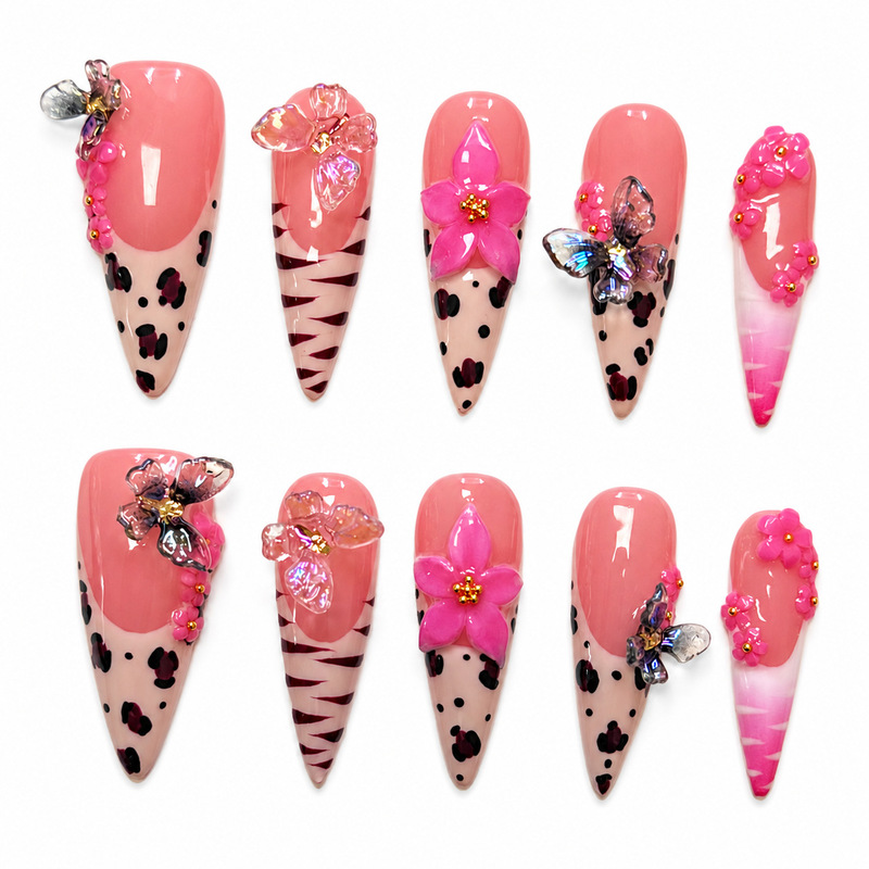 Handmade Pink Y2K Long Pointed False Nails with Leopard and Zebra Patterns, 3D Butterfly Flower Design, 10-Piece Set, Custom Wholesale Handmade Pink Y2K Long Pointed False Nails with Leopard and Zebra Patterns, 3D Butterfly Flower Design, 10-Piece Set, Custom Wholesale