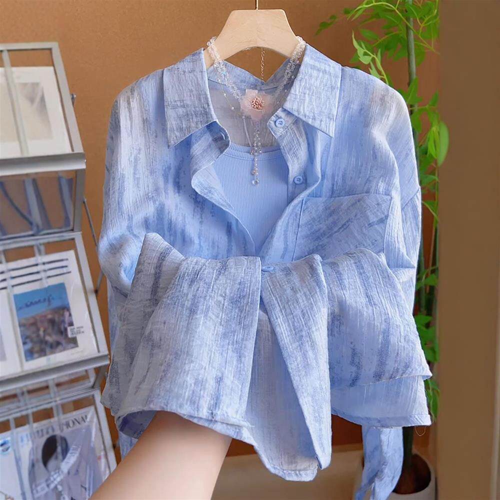 Áo sơ mi nữ dài tay họa tiết tie nhuộm xanh — Màu xanh (một mảnh) chi tiết 2