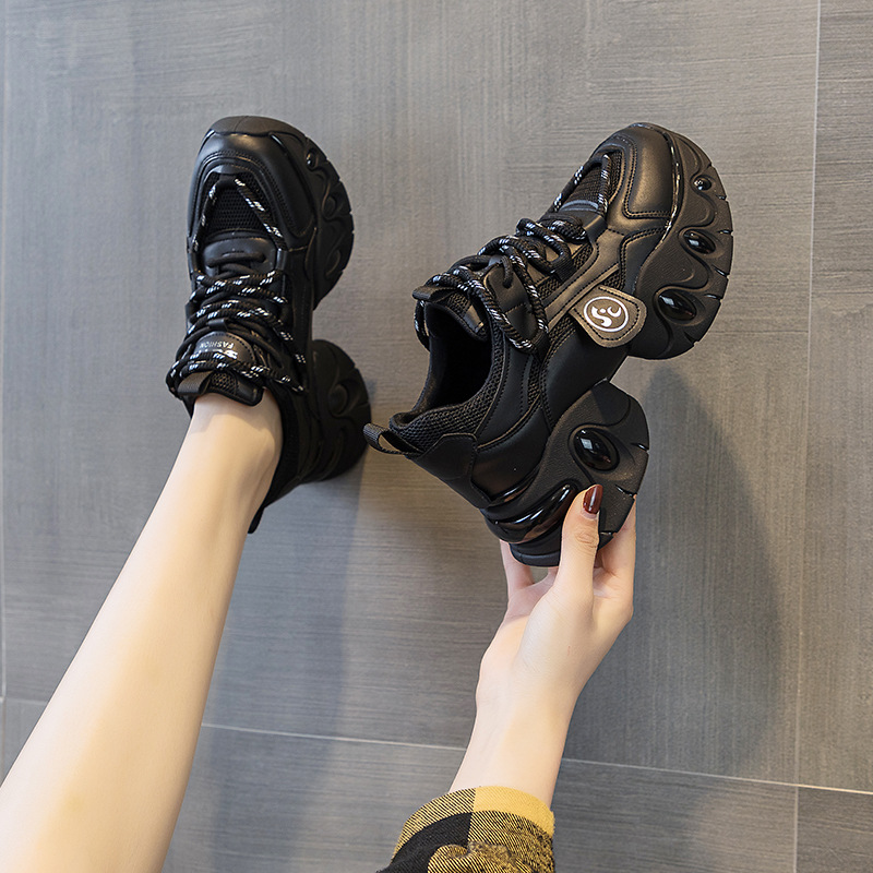Giày sneaker nữ đế dày tăng chiều cao 7cm phong cách người nổi tiếng Xuân 2025 buộc dây — M2555 màu đen, M 2555m màu, M2555 màu hồng