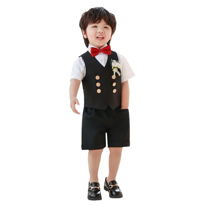 Traje de niño, chaleco, traje de manga corta, traje de actuación de estilo británico de verano, vestido de cumpleaños de bebé, niña de las flores