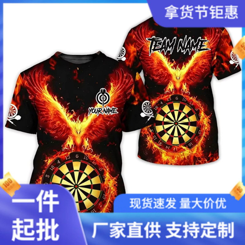 The Flame Phoenix graphic dart-themed T-shirt is designed for men and is perfect for dart enthusiasts. We offer wholesale pricing for orders of one piece or more