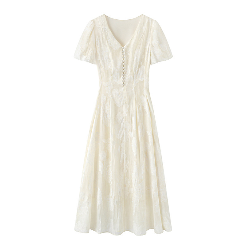 French V-neck dress Women's 2025 Summer New Elegant Embroidered Jacquard Slimming A- line Skirt French V-neck dress Women's 2025 Summer New Elegant Embroidered Jacquard Slimming A- line Skirt