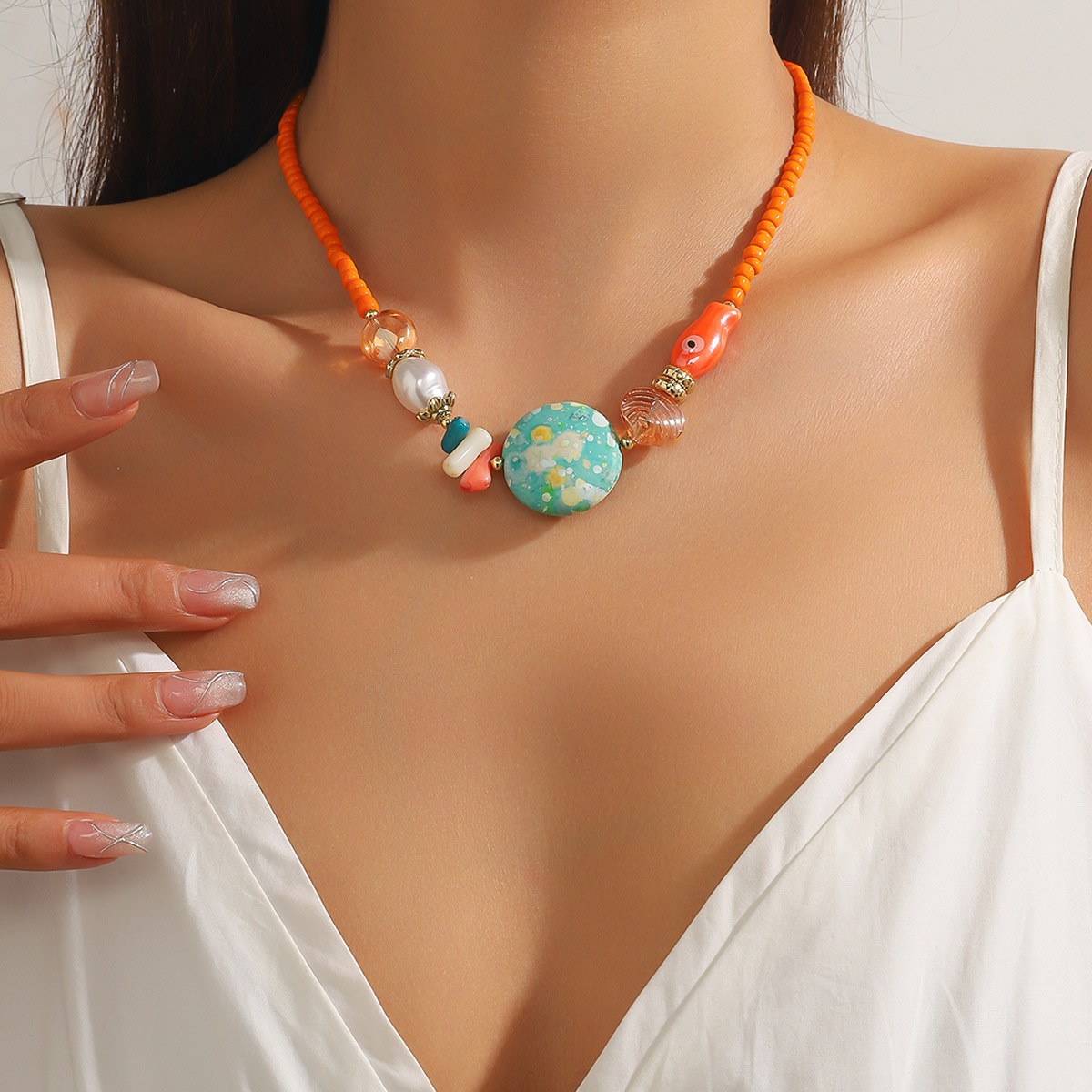 Collar de cuentas boho para mujer estilo dopamina cadena clavicular_voghion.com