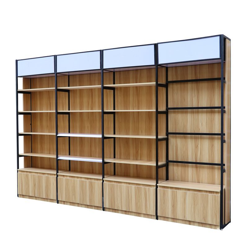 钢木货架 单面超市钢木货架 带灯箱母婴店零食便利店展示架