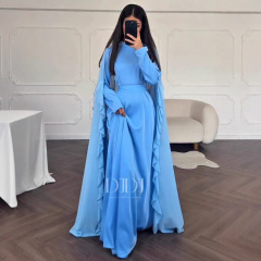 秋装欧美跨境中东女装挂脖花边长袍披肩罩袍纯色气质长袖长裙女装