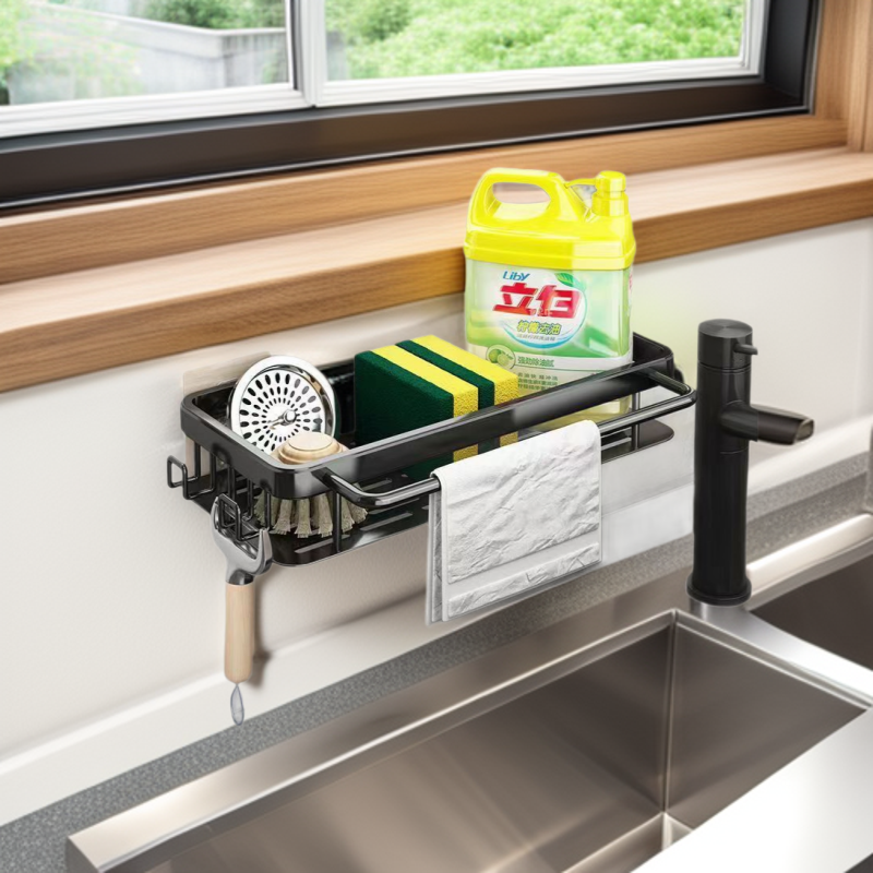 Organizador de almacenamiento para baño de aleación de aluminio, estante de pared con gancho para cocina para paños de limpieza, drenaje de agua, estante de ángulo recto montado en la pared, engrosado