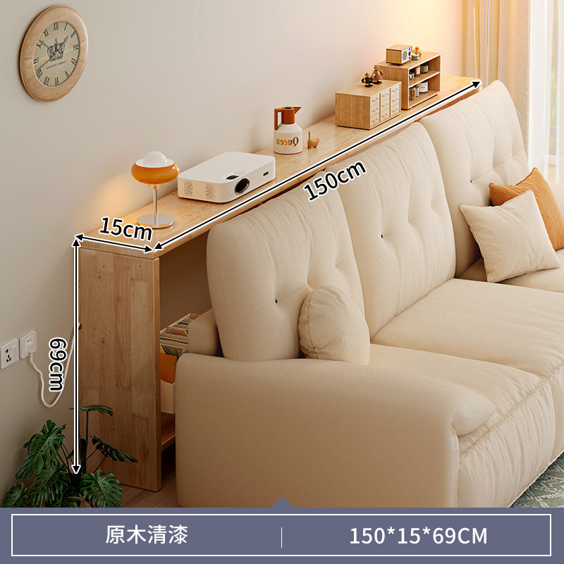 木製のソファーの後ろの棚の長い棚は壁に寄りかかっています。|undefined