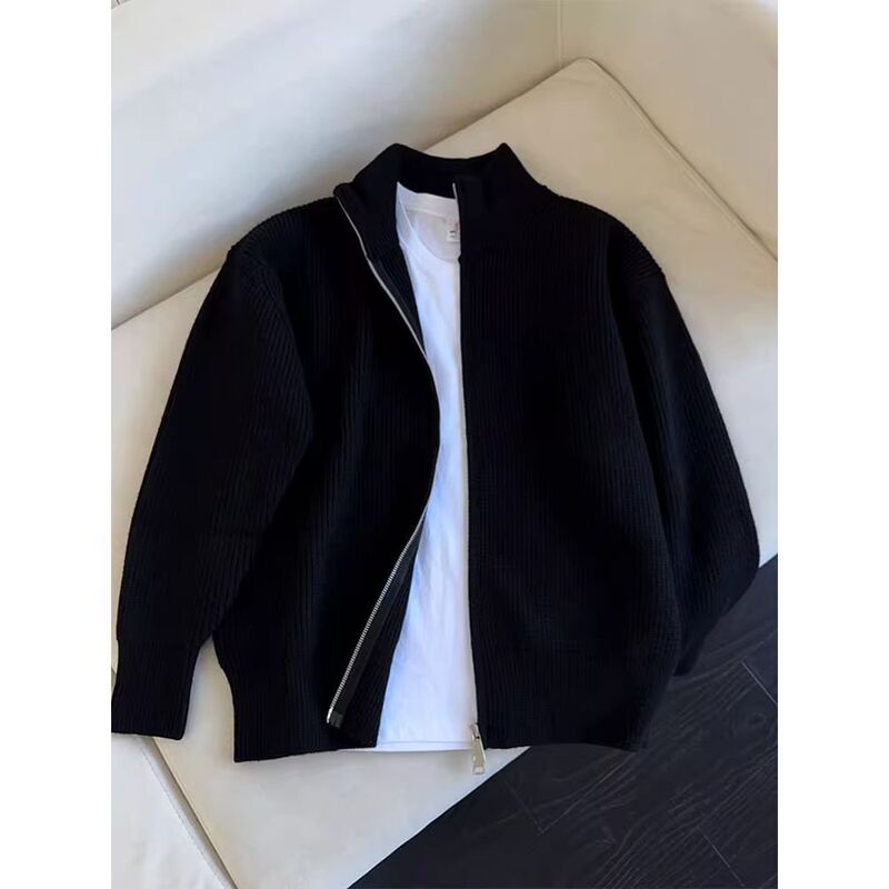 Pure Black Double Zipper Stand Collar Knitwear Men's Autumn High-End Cardigan Knitwear Couple Jacket