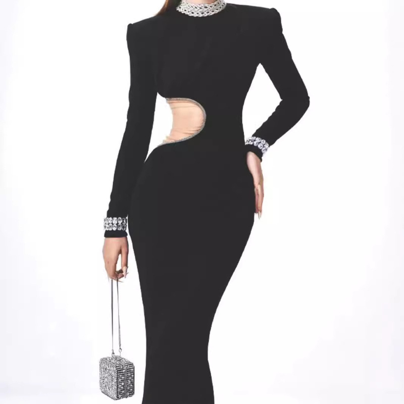 French High-grade Rhinestone Collar Long-sleeved Slim-fit Velvet Slim-looking Light Luxury Evening Dress with Design Sense Hepburn Style dress French High-grade Rhinestone Collar Long-sleeved Slim-fit Velvet Slim-looking Light Luxury Evening Dress with Design Sense Hepburn Style dress
