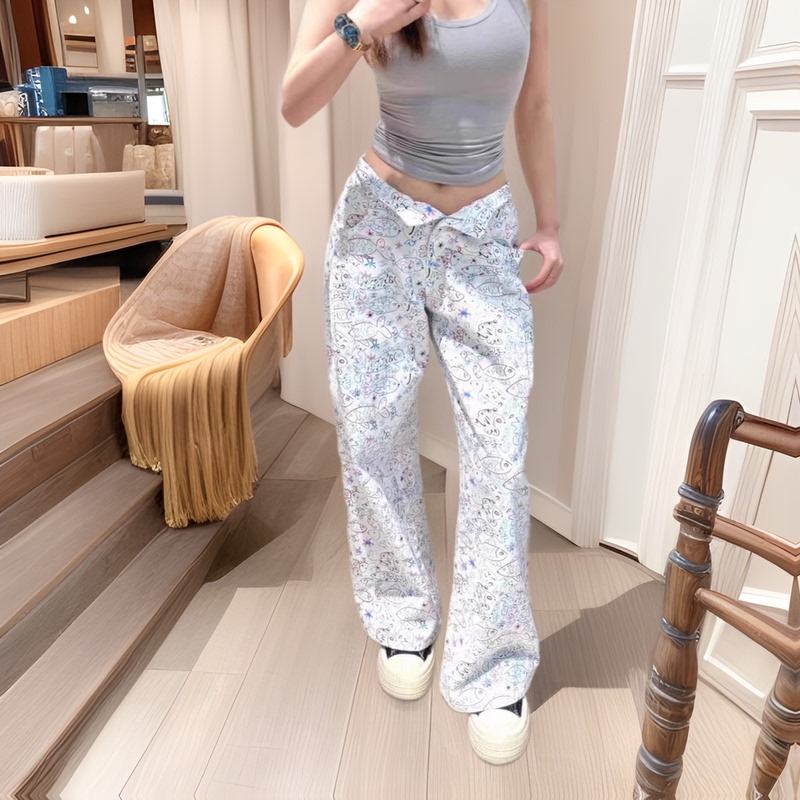 Nanyou Women's Clothing 2025 Spring High-Waisted Straight-Leg Jeans Women's Graffiti Print Wide-Leg Long Pants Multi-Fish Harajuku Style Leg-Lengthening Nanyou Women's Clothing 2025 Spring High-Waisted Straight-Leg Jeans Women's Graffiti Print Wide-Leg Long Pants Multi-Fish Harajuku Style Leg-Lengthening