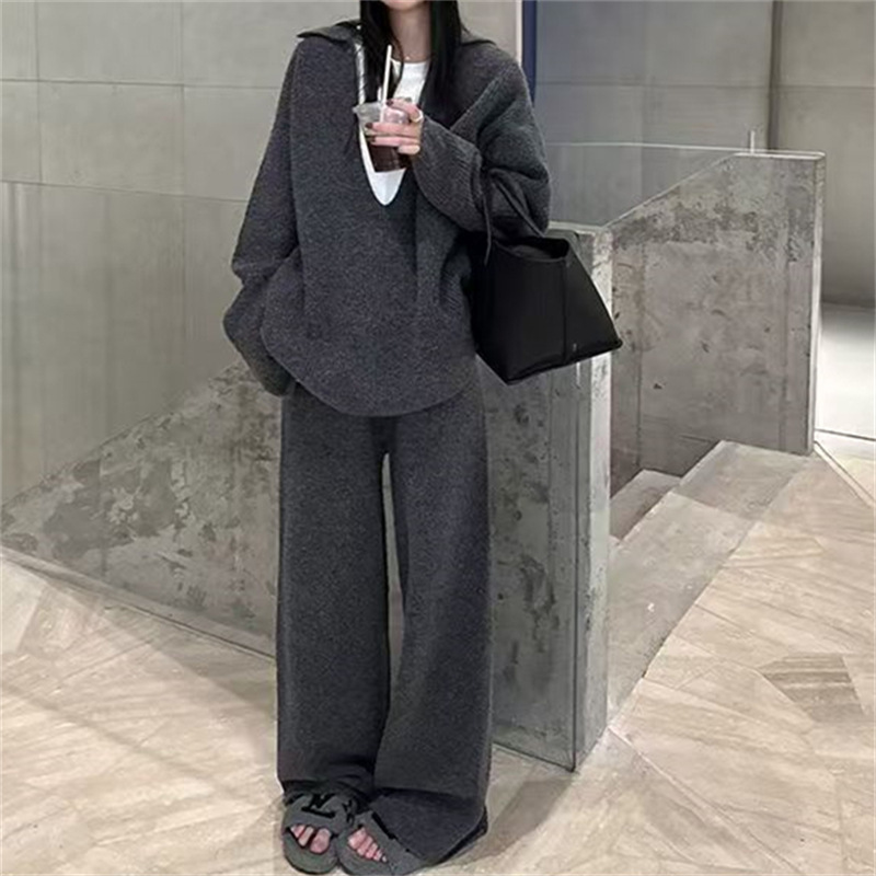 大码慵懒风松弛感V领秋冬新款宽松休闲针织衫两件套阔腿裤套装女|undefined