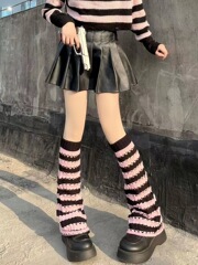 黑粉條紋破洞鏤空透氣堆堆襪套日系jk辣妹春秋冬闊腿針織中筒襪套