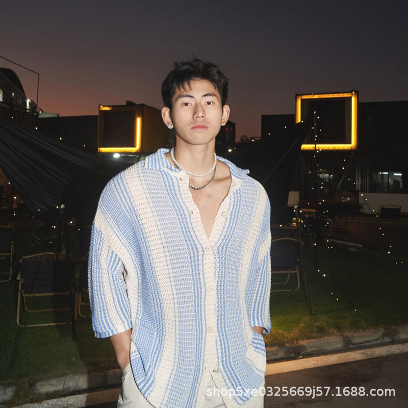 European and American Hollow Knitted Cardigan Men's High-end Sense Loose Ice Cool Silk Shirt Cool Thin Breathable Mesh Striped Sweater Trendy