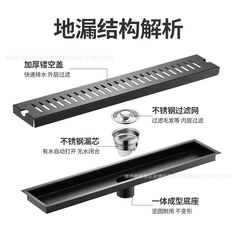 Negro 304 acero inoxidable largo drenaje de suelo hotel sala de ducha de gran volumen de ingeniería alargada desagüe de suelo antiolor tira al por mayor