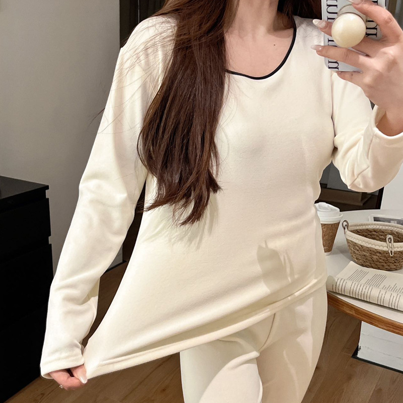 Winter New Casual Pajamas Women's Velvet Warm Low Collar suit Solid Color Home Clothes Inner Base Tight Clothes