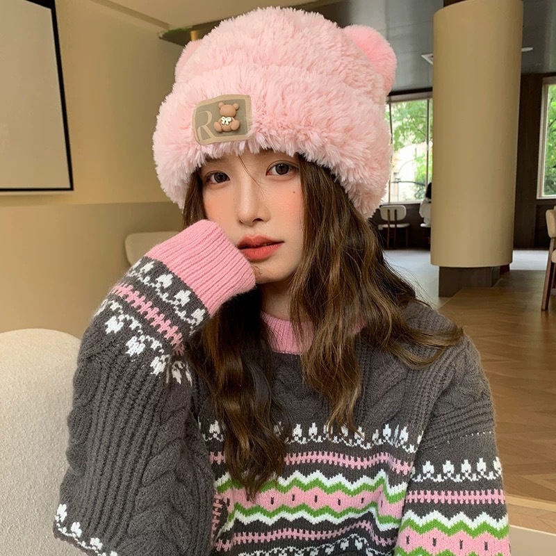 女性の冬の韓国のかわいいクマの帽子ぬいぐるみニット帽子厚く暖かい耳保護防寒防風プルオーバー帽子|undefined