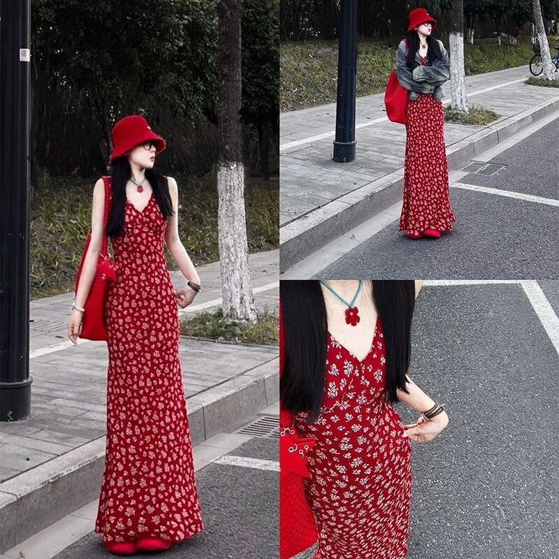 Vintage Floral Dress Red dress Women's Clothing Summer Spice Girl A- Line Dress Slip Dress Holiday Style Seaside Long Dress Vintage Floral Dress Red dress Women's Clothing Summer Spice Girl A- Line Dress Slip Dress Holiday Style Seaside Long Dress