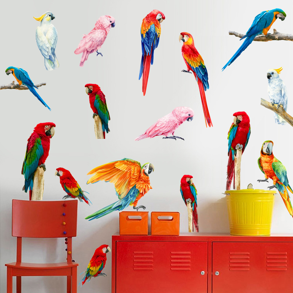 新款创意彩色小鸟鹦鹉墙贴书房客厅沙发背景墙可移除PVC防水贴画