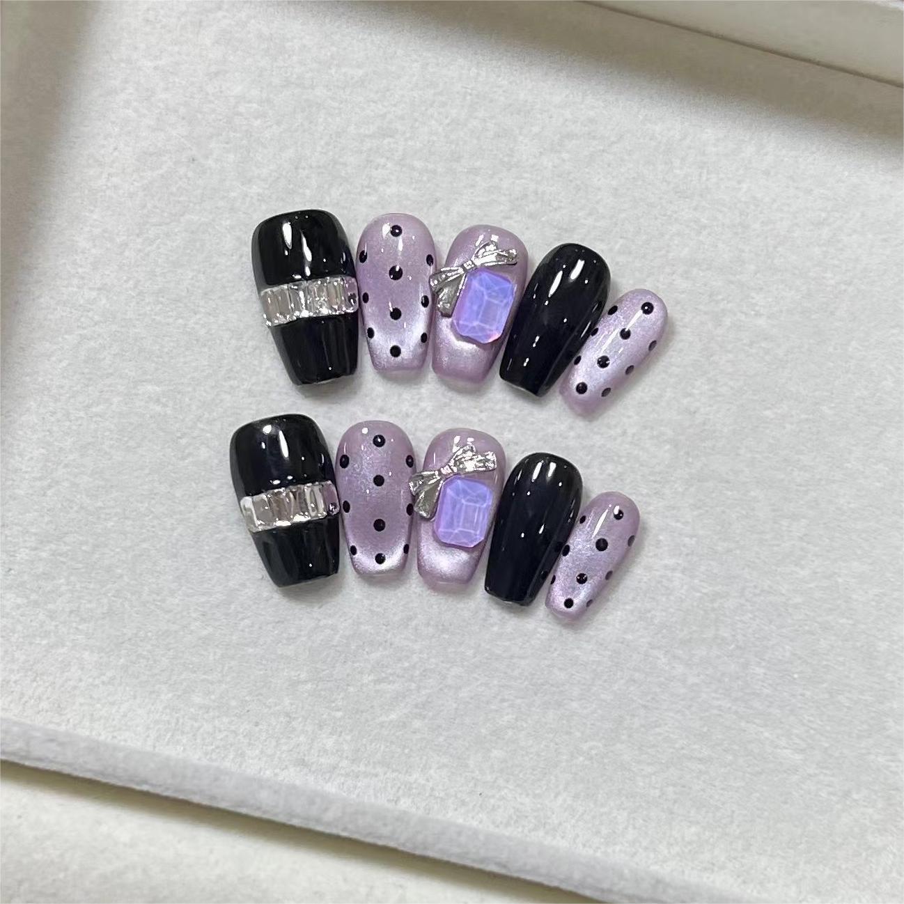 淺來美甲【原創】純手工穿戴甲紫羅蘭黑色波點赫本風紫鑽美甲