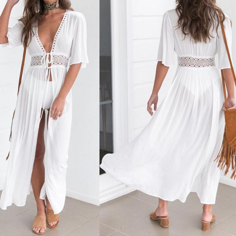 Lace-Trimmed Chiffon Beach Swimsuit Cover-Up, European and American Style, See-Through with a Side Slit, Sexy and Elegant