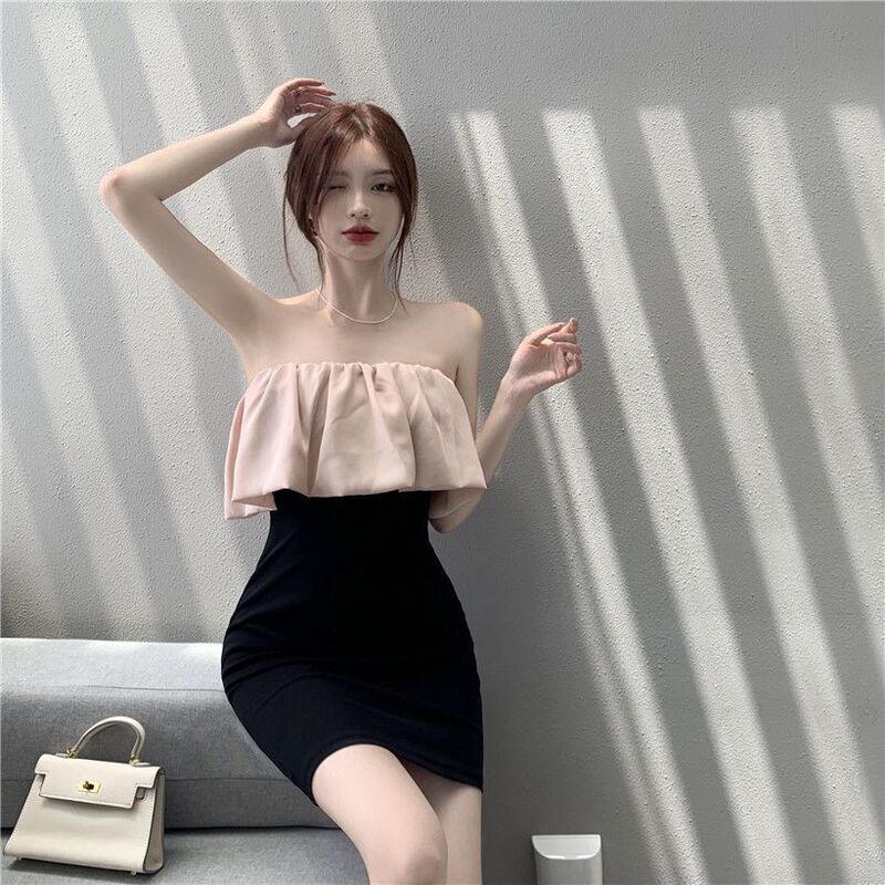 New Summer Off-Shoulder Bodycon Dress, Sexy Strapless Ruffle Patchwork A-Line Dress, Slimming and Elegant Short Dress