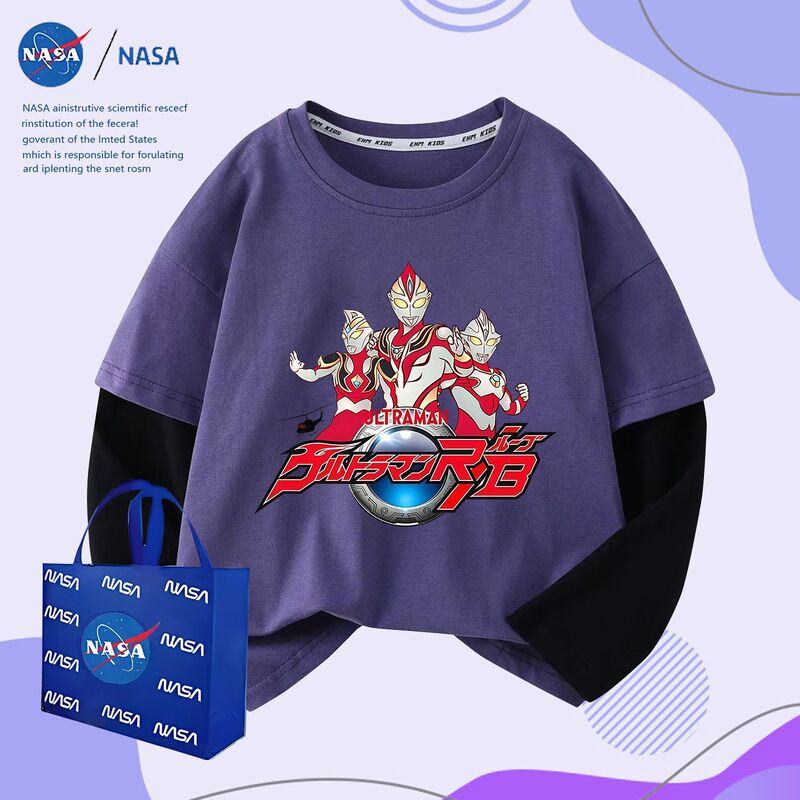 NASA春秋洋气奥特曼中大童保暖上衣T恤休闲纯棉儿童假两件长袖|undefined