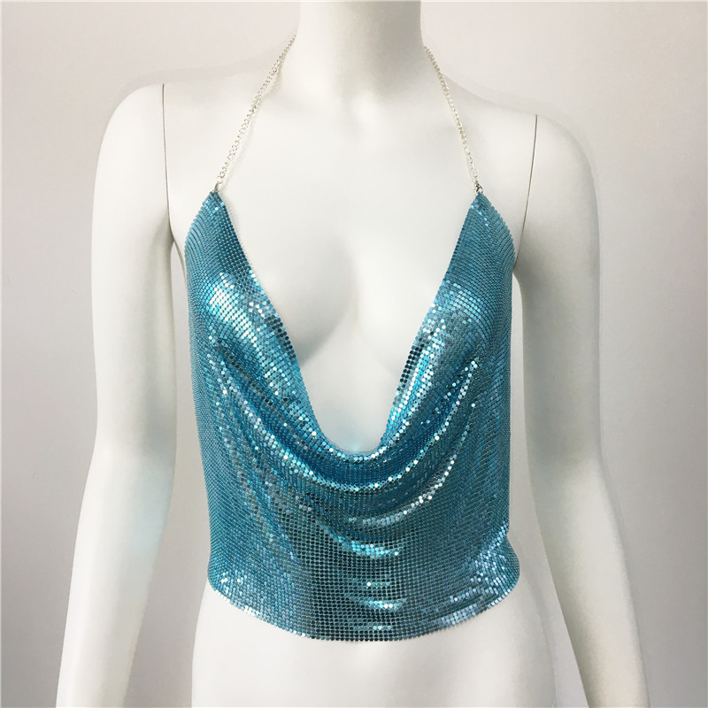 140g Weight Metal Fabric Type Short Top Length Wrap Crop Top Tops Type Party, Stage Occasion Halter Neck Neckline Slim Fit Type Solid Color Pattern Summer Season Women'S Gender Sequins Design Sexy Style Wholesale Women'S Sexy Solid Color Sequins Tank Tops 无
