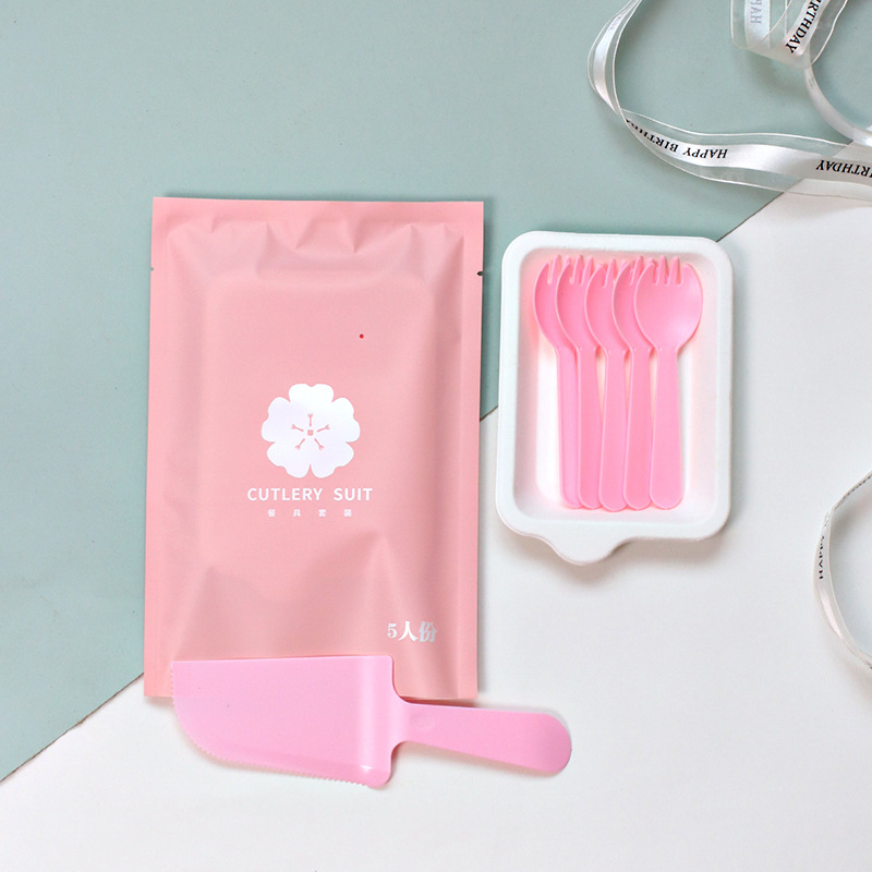 두꺼운 접시 핑크 포크와 스푼 + 나이프 5개 50세트